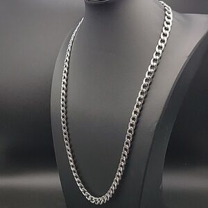 Classic Curb Cuban Link Chain 24" Necklace Silver Tone Stainless Steel Bling